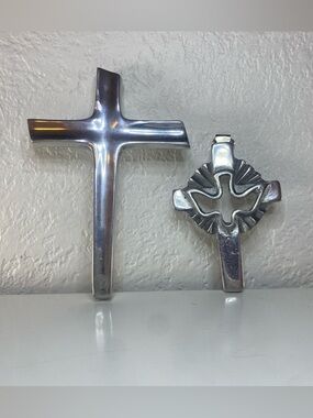 Lot 2 Silver Metal Wall Cross Modern Plain & Holy Spirit Dove Religious Decor